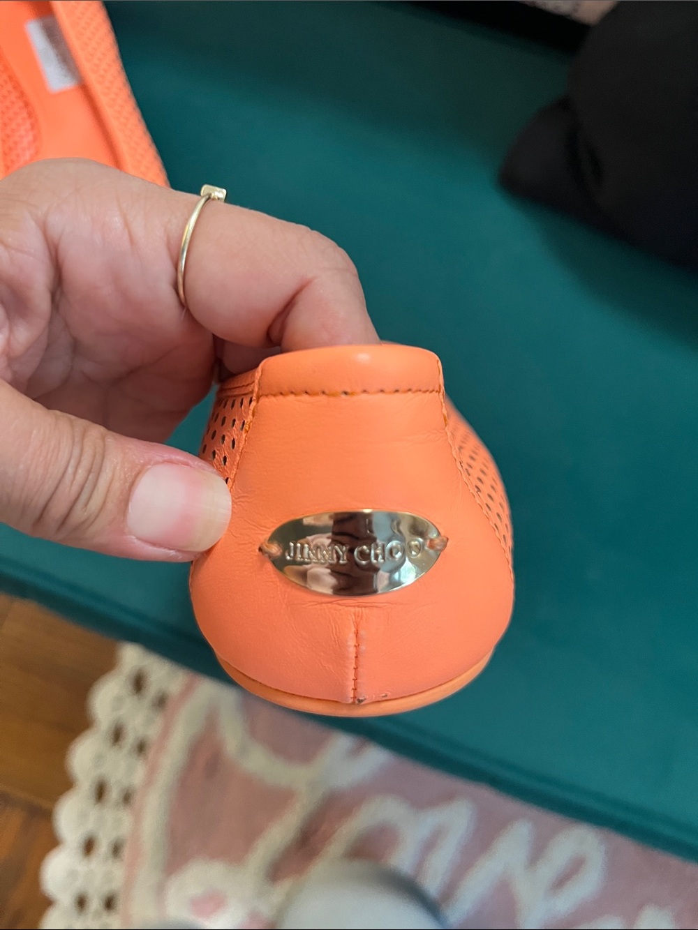Jimmy Choo Neon Orange Perforated Leather Ballet Flats 37 1/2 - Picture 4 of 11